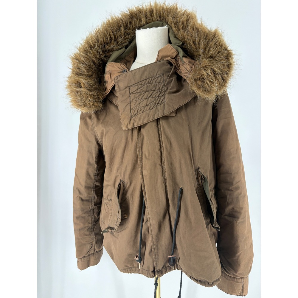 Zara Woman Y2K Brown Parka Jacket Faux Fur Hood Borg Lined Utility Coat Large